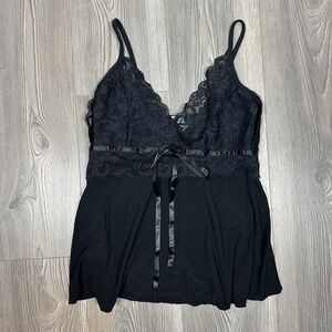 Vintage Black Babydoll Top - SIZE M Lace Ribbon Whimsigoth Fairy 90s Y2K